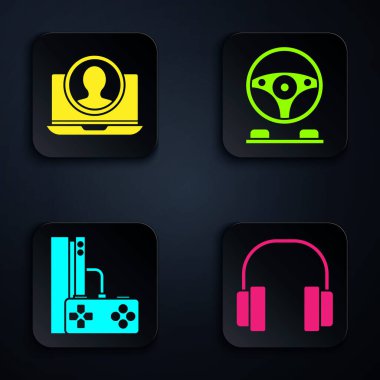 Kulaklıkları ayarla, hesap ekranı oluştur, oyun konsolunu joystick ve yarış simülatörü kokpiti ile kur. Siyah kare düğme. Vektör.