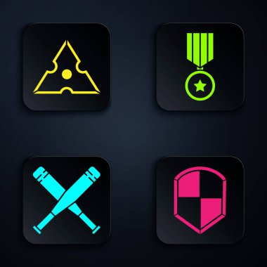 Set Shield, Japon ninja shuriken, çapraz beyzbol sopası ve askeri ödül madalyası. Siyah kare düğme. Vektör.