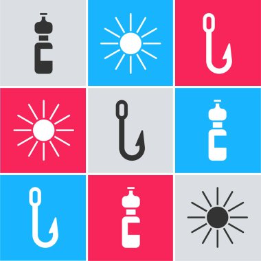 Bir şişe su, güneş ve balık oltası ikonu. Vektör.