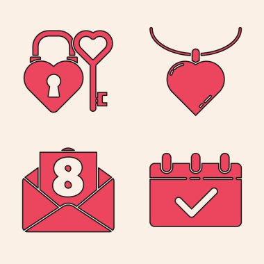 Takvimi 8 Mart, Kale ve anahtar kalp şeklinde, kolye şeklinde kolye ve zarf şeklinde 8 Mart simgesi ile ayarla. Vektör.