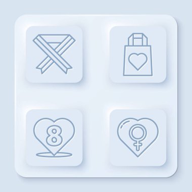 Göğüs kanseri farkındalığı kurdelesi, kalpli alışveriş torbası, 8 Mart 'lı kalp ve kalben kadın cinsiyeti. Beyaz kare düğme. Vektör.