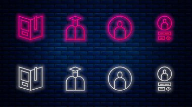 Satır Öğrencisi Ayarla, Hesap Ekranı Oluştur, Açık Kitap ve Tuğla duvarda parlayan neon simgesi. Vektör.