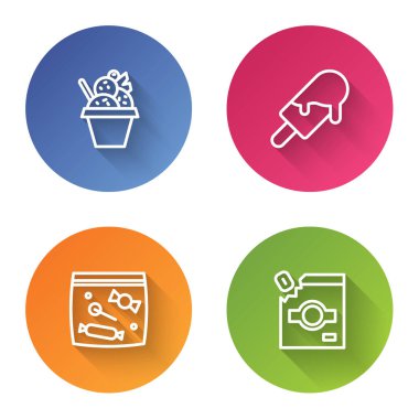 Dondurmayı kaseye koy, şekeri pakete koy ve... Renkli daire düğmesi. Vektör.