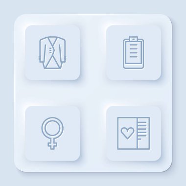 Satır Takım Elbisesi, Kontrol Listeli Pano, Kadın Cinsiyet Sembolü ve Kartpostal Kalbi. Beyaz kare düğme. Vektör.