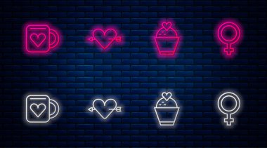 Aşkı kalp ve okla belirle, düğün pastası, kahve fincanı ve kadın cinsiyet sembolü. Tuğla duvarda parlayan neon simgesi. Vektör.