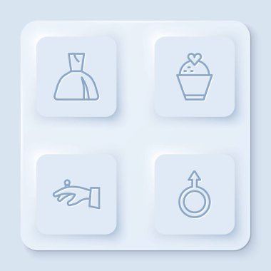 Sabit kadın elbisesi, kalpli düğün pastası, elinde yüzükler ve erkek cinsiyet sembolü. Beyaz kare düğme. Vektör.