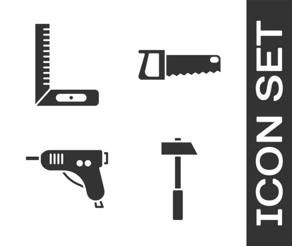 Set Hammer Lineal Elektrische Heißklebepistole Und Handsäge Symbol Vektor — Stockvektor