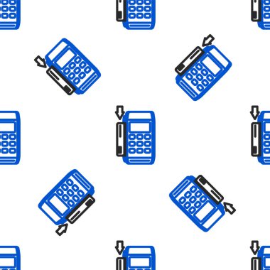 Eklenmiş kredi kartı simgesine sahip Line Pos terminali beyaz arkaplanda izole edilmiş pürüzsüz desen. Ödeme terminali işlemi. Kartla öde. Renkli taslak konsepti. Vektör.