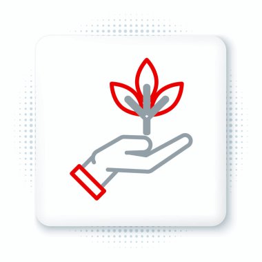 Çevre koruma ikonunun elinde bulunan Hat Tesisi beyaz arka planda izole edildi. Tohum ve tohum. Fidan dikiyorum. Ekoloji konsepti. Renkli taslak konsepti. Vektör.