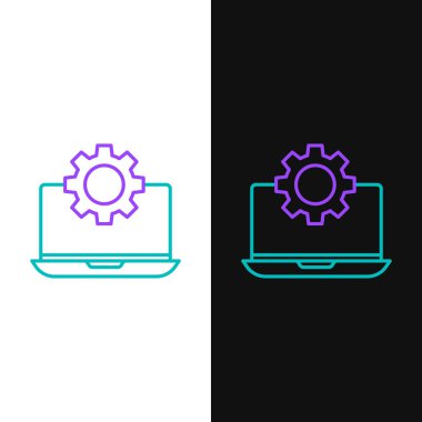 Çizgi dizüstü bilgisayar ve dişli simgesi beyaz ve siyah arkaplanda izole edildi. Laptop servis konsepti. Uygulama ayarlanıyor, seçenekler ayarlanıyor, bakım, onarım, onarım. Renkli taslak konsepti. Vektör.