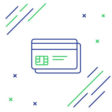 Çizgi kredi kartı simgesi beyaz arkaplanda izole edildi. Çevrimiçi ödeme. Nakit çekilmesi. Finansal operasyonlar. Alışveriş tabelası. Renkli taslak konsepti. Vektör.