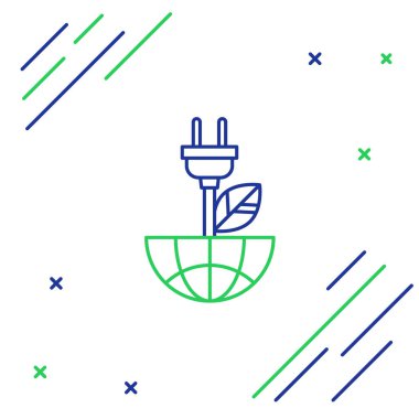 Yaprak simgesindeki Hat Elektrik kayıt prizi beyaz arkaplanda izole edildi. Enerji tasarrufu ikonu. Çevre koruma ikonu. Biyolojik enerji. Renkli taslak konsepti. Vektör.