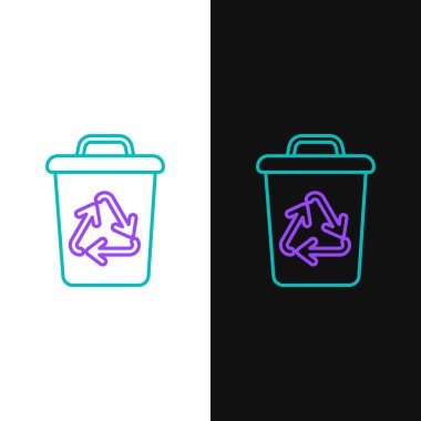 Beyaz ve siyah arkaplanda izole edilmiş geri dönüşüm sembolü olan satır geri dönüşüm kutusu. Çöp kutusu simgesi. Çöp kutusu tabelası. Geri dönüşüm sepeti işareti. Renkli taslak konsepti. Vektör.