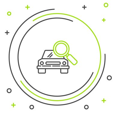 Çizgi Arabası arama simgesi beyaz arkaplanda izole edildi. Arabalı büyüteç. Renkli taslak konsepti. Vektör.