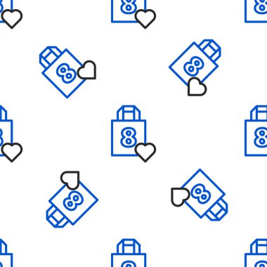 Kalp ikonuna sahip sıra alışveriş torbası beyaz arka planda izole edilmiş pürüzsüz desen. 8 Mart. Uluslararası Mutlu Kadınlar Günü. Renkli taslak konsepti. Vektör.