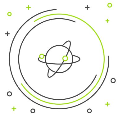 Dünya 'nın yörüngesindeki çizgi yapay uyduları beyaz arka planda izole edilmiş dış uzay ikonunda. İletişim, navigasyon konsepti. Renkli taslak konsepti. Vektör.