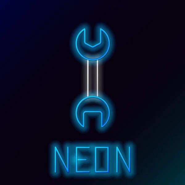 Gloeiende Neon Lijn Wrench Moersleutel Pictogram Geïsoleerd Zwarte Achtergrond Kleurrijk — Stockvector