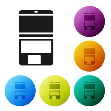 Beyaz arkaplanda siyah dizüstü bilgisayar simgesi izole edildi. Boş ekran işaretli bilgisayar defteri. Simgeleri renk daire düğmelerine ayarla. Vektör İllüstrasyonu.