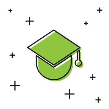 Siyah mezuniyet şapkası beyaz arka planda izole edilmiş dünya ikonu. Dünya eğitim sembolü. Çevrimiçi öğrenme ya da e-öğrenme kavramı. Vektör İllüstrasyonu.