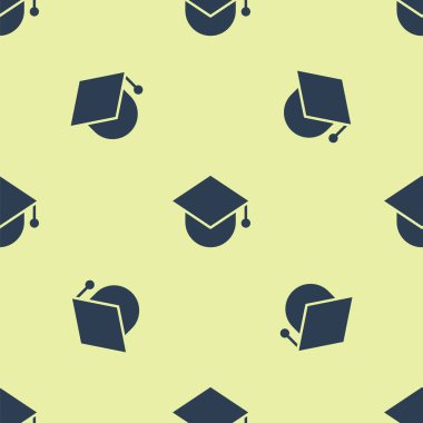 Dünya ikonunda mavi mezuniyet şapkası sarı arka planda izole edilmiş pürüzsüz desen. Dünya eğitim sembolü. Çevrimiçi öğrenme ya da e-öğrenme kavramı. Vektör İllüstrasyonu.