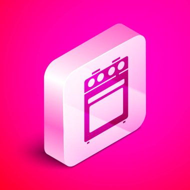 Pembe arka planda izole edilmiş Isometric Oven simgesi. Fırın tabelası. Gümüş kare düğme. Vektör.