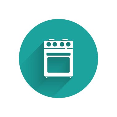 Uzun gölgeli beyaz fırın simgesi. Fırın tabelası. Yeşil daire düğmesi. Vektör.