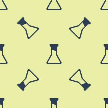 Mavi test tüpü ve matara ikonu sarı arka planda izole edilmiş pürüzsüz desen. Kimyasal laboratuvar testi. Laboratuvar camları. Vektör.