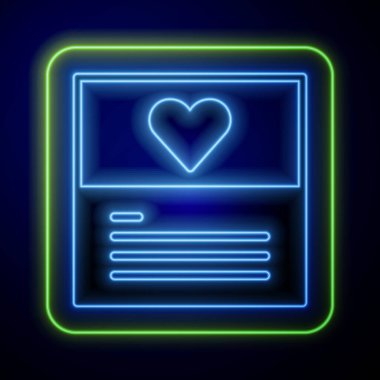 Parlayan neon tebrik kartı simgesi mavi arkaplanda izole edildi. Kutlama için davetiye ya da tebrik kartı şablonu. Vektör.