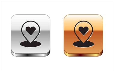 Beyaz arkaplanda kalp simgesi olan siyah harita işaretçisi. Sevgililer Günü. Aşk yeri. Romantik harita iğnesi. Gümüş-altın kare düğme. Vektör.