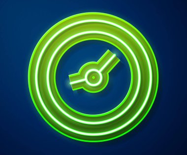 Parlayan neon çizgi saat simgesi mavi arkaplanda izole edildi. Zaman sembolü. Vektör İllüstrasyonu.