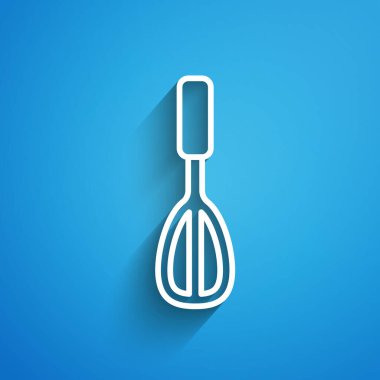 Beyaz çizgi Mutfak çırpma simgesi mavi arkaplanda izole edildi. Mutfak aletleri, yumurta çırpıcı. Çatal bıçak seti. Yemek karışımı sembolü. Uzun gölge. Vektör.