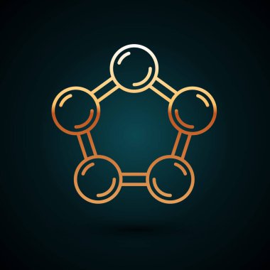 Altın çizgili Molekül simgesi koyu mavi arkaplanda izole edilmiş. Kimya moleküllerinin yapısı, fen öğretmenlerinin yenilikçi eğitim posteri. Vektör.