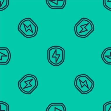 Mavi hat, yeşil arka planda izole edilmiş, yıldırım simgesi olan güvenli bir kalkan. Güvenlik, güvenlik, koruma, gizlilik kavramı. Vektör.