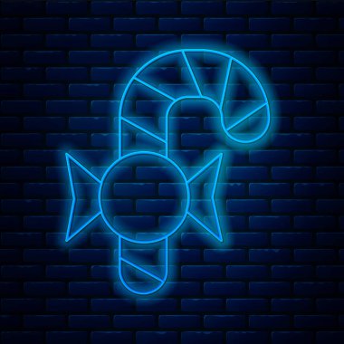 Duvarda izole edilmiş çizgi çizgili parlak neon çizgili Noel şekeri çubuğu. Mutlu Noeller ve mutlu yıllar. Vektör.