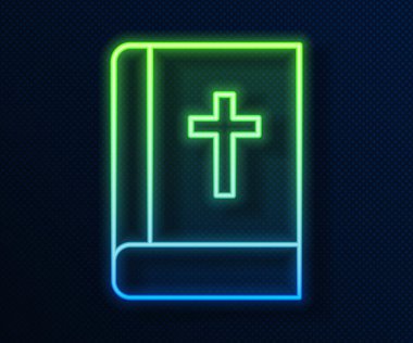 Parlayan neon hattı. Mavi arka planda kutsal kitap ikonu izole edilmiş. Vektör.