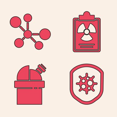 Kalkan 'ı virüs, molekül, radyasyon uyarı belgesi ve astronomik gözlem ikonundan koru. Vektör.