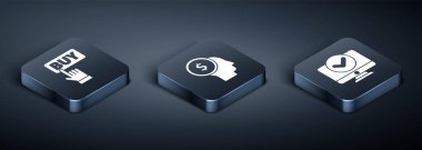 Isometric Buy düğmesini, bilgisayar monitörünü ve iş adamının zihin simgesini ayarla. Vektör.