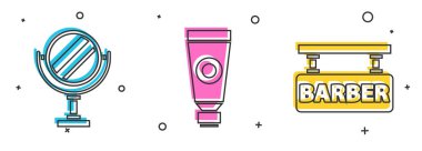 Yuvarlak makyaj aynası, krem ya da losyon kozmetik tüpü ve berber dükkanı ikonunu ayarla. Vektör.