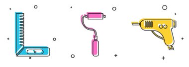 Köşe cetveli, boya fırçası ve elektrikli sıcak tutkal tabancası ikonu ayarla. Vektör.