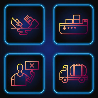 Hat hattı tankeri, doğa koruma protestosu, enkaz petrol tankeri gemisi ve petrol tankeri gemisi. Renk simgeleri. Vektör.