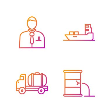 Varil petrol sızıntısı, tanker kamyonu, iş adamı veya borsa simsarı ve petrol tankeri gemisi. Renk simgeleri. Vektör.