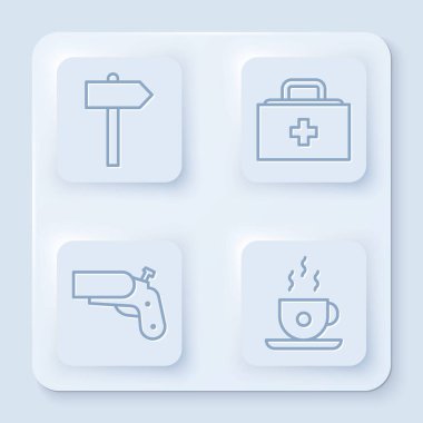 Yol trafik levhası, ilk yardım çantası, işaret fişeği tabancası ve kahve fincanı. Beyaz kare düğme. Vektör.