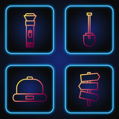 Yol trafik levhası, Beanie şapkası, el feneri ve kürek ayarla. Renk simgeleri. Vektör.