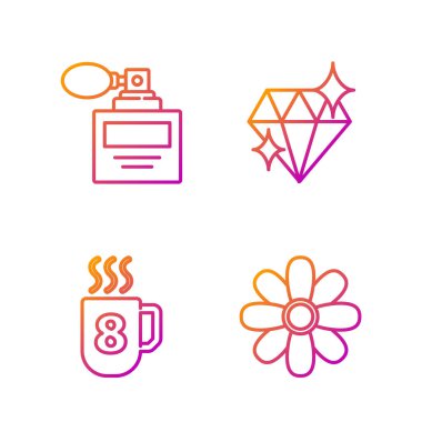 Sıra Çiçek, kahve fincanı ve parfüm ve elmas. Renk simgeleri. Vektör.