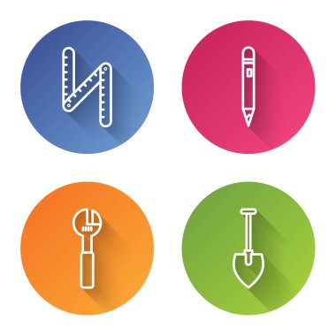 Çizgi katlama cetveli, silgiyle kalem, ayarlanabilir anahtar ve küreği ayarla. Renkli daire düğmesi. Vektör.