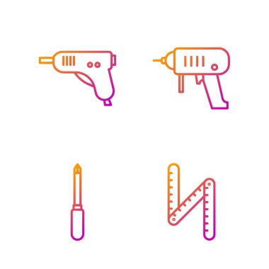 Cetvel, tornavida, elektrikli tutkal tabancası ve elektrikli matkap ayarlayın. Renk simgeleri. Vektör.