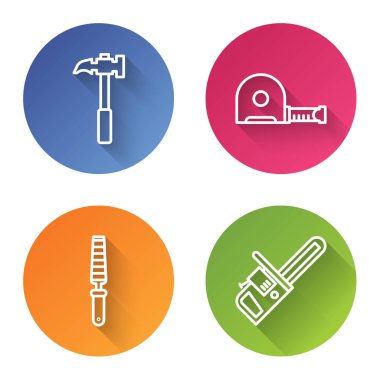 Pençe çekici, rulet inşaatı, tahta ve testere için keski aleti. Renkli daire düğmesi. Vektör.