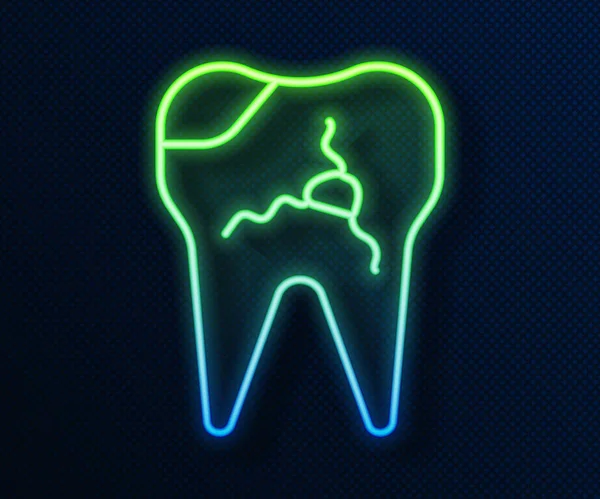 Leuchtende Leuchtschrift Gebrochenes Zahnsymbol Isoliert Auf Blauem Hintergrund Zahnproblem Ikone — Stockvektor