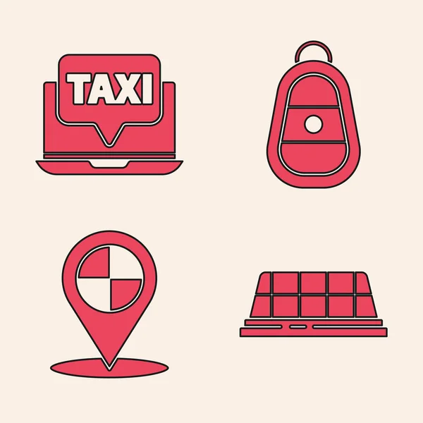 Állítsa Taxi Autó Tető Laptop Hívás Taxi Szolgáltatás Autó Kulcs — Stock Vector