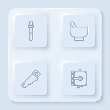 Aşk iksiri şişesi, sihirli havan topuzu, el testeresi ve Kadim büyü kitabı. Beyaz kare düğme. Vektör.